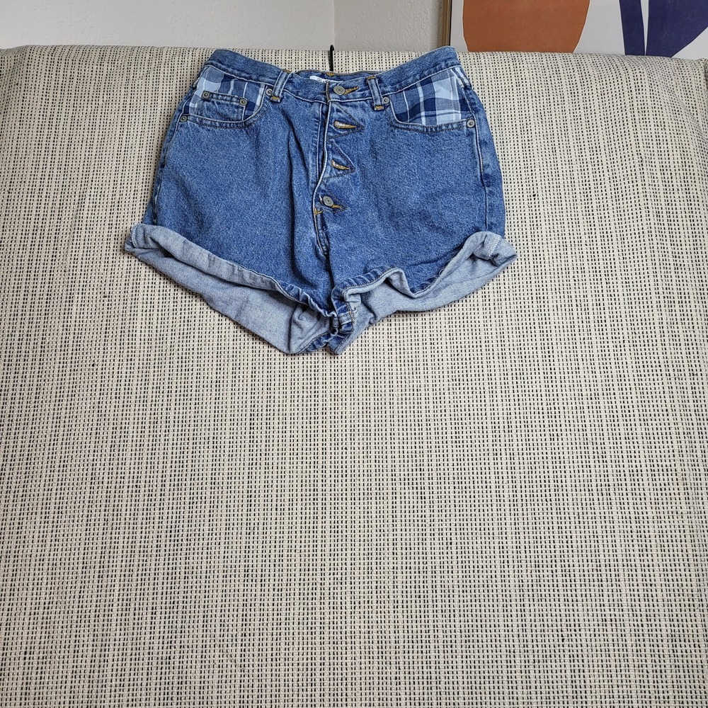 Vintage Sostanza Denim Shorts Womens 11 Plaid Patch High‎ Rise 90s Y2K